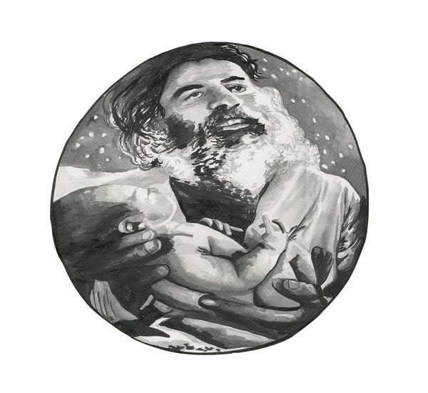 Drawing in a circle of a bearded man holding a baby