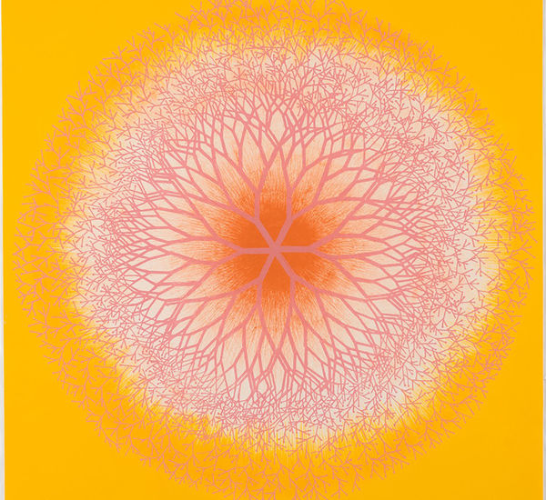 Bright, spirographic image in orange on a tellow background