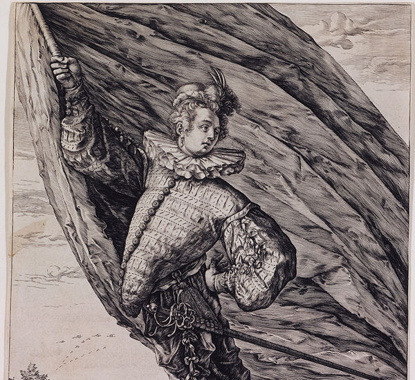 A figure in fancy garb holding a large flag aloft