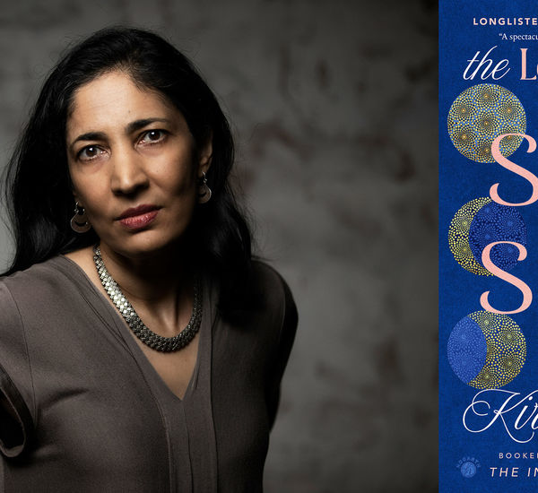 Headshot of Kiran Desai alongside her novel The Loneliness of Sonia and Sunny
