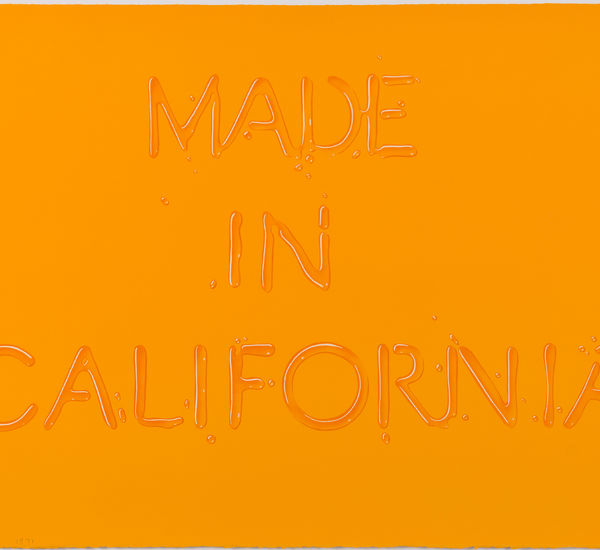 Words on an orange background, rendered as though written in liquid, reading "MADE IN CALIFORNIA"