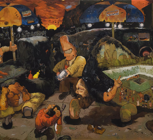 A surreal, sometimes grotesque view of a hot dog cart next to the 9-11 memorial