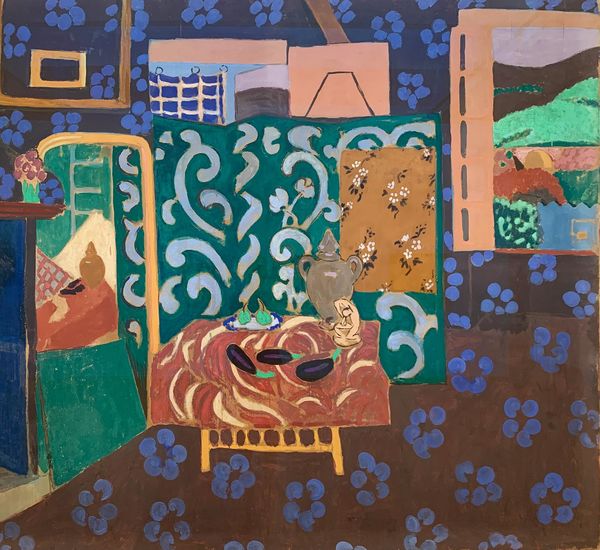 Expressionist still life with eggplants on a table in an ornate room