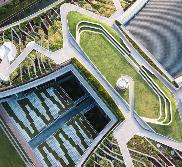 Aerial view of a green roof garden