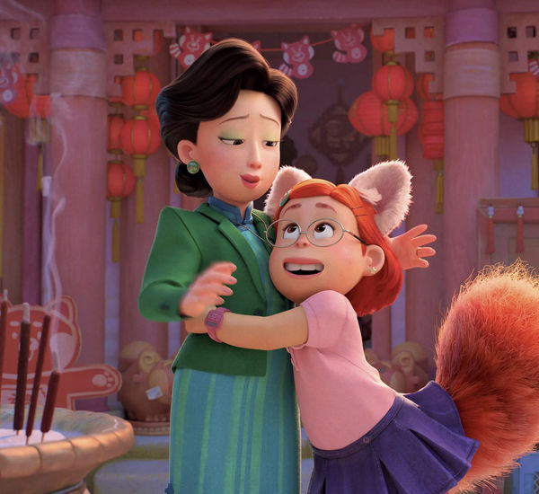 A girl with furrey ears and a large tail sticking out of her skirt hugs an older woman