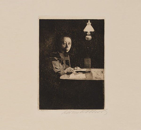 Simple self-portrait of a woman sitting at a desk under a lamp