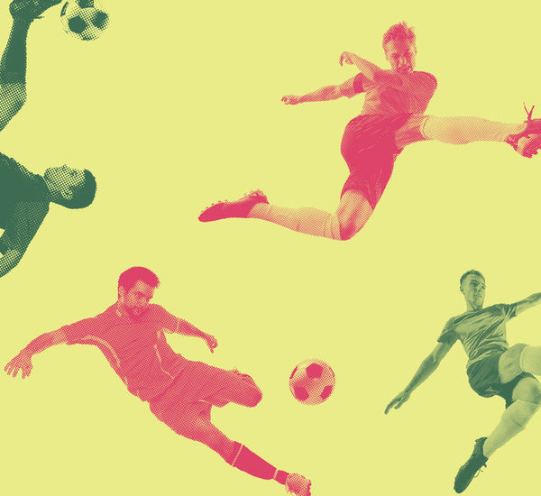 Graphic with four soccer players on a yellow background