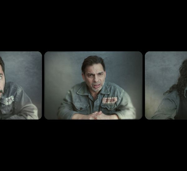 Three people in military garb, seen in three separate frames