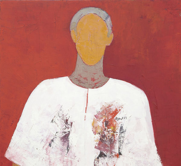 Faceless figure in a paint-streaked white smock