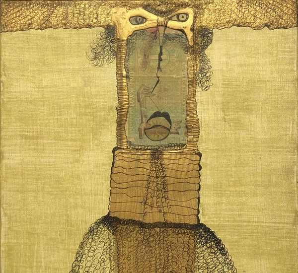 Portrait with exaggerated features, eyes ringed in gold