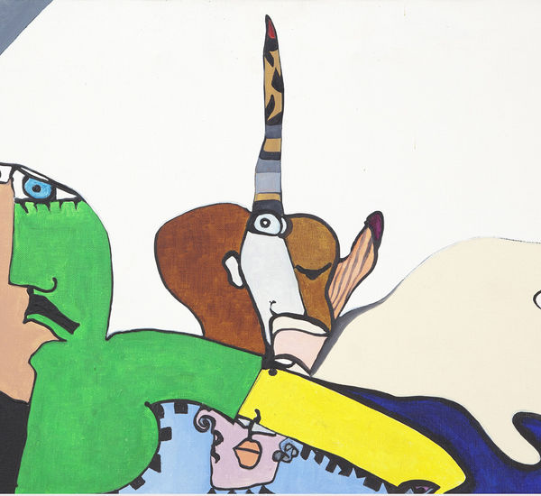 Playful, colorful painting featuring parts of several faces