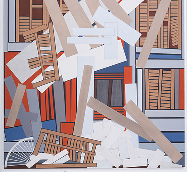 Geometric painting of a building facade with windows and shutters in disrepair