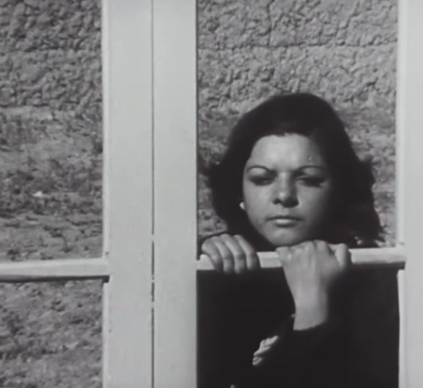 A woman looks through a window