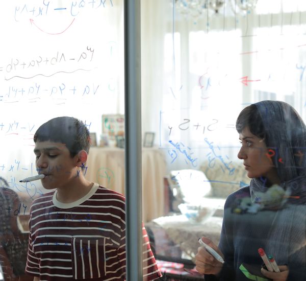 A woman and a boy stand in front of a clear writing board covered in math equations, where the boy draws with a marker in his mouth