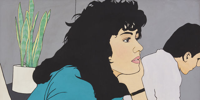 Painting of a woman with long brown hair, resting her chin on her hand