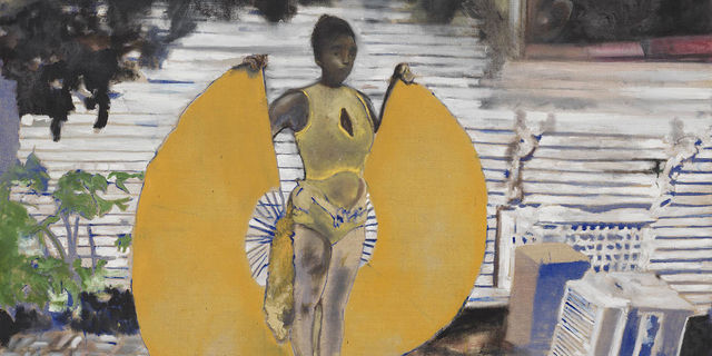 Painting of a woman in a yellow dress with two large wings fanning out