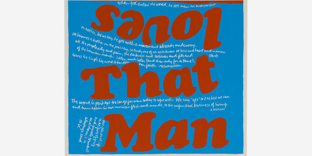 Colorful screenprint with "loves That Man" in bright red on a blue background