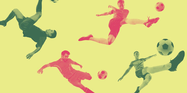 Graphic with four soccer players on a yellow background