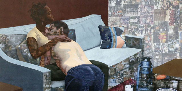 Drawn and collaged image of a living room scene, with the artist sitting on the couch, holding her partner to her chest 