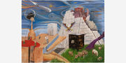 Painting on wood of a bomb heading toward a pyramid with an eagle logo on its front