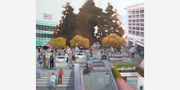 Painting of a busy Koreatown plaza