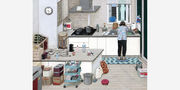 Painting of the artist's mother washing dishes at the sink of a cluttered kitchen