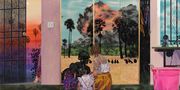 Colorful painting of a family looking out of their window at a wildfire