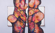 Painting of two nude bodies facing one another, viewed from armpit to thigh