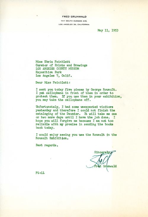 Letter from Fred Grunwald to Ebria Feinblatt, May 11, 1953