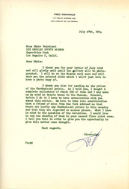 Letter from Fred Grunwald to Ebria Feinblatt, July 27, 1954