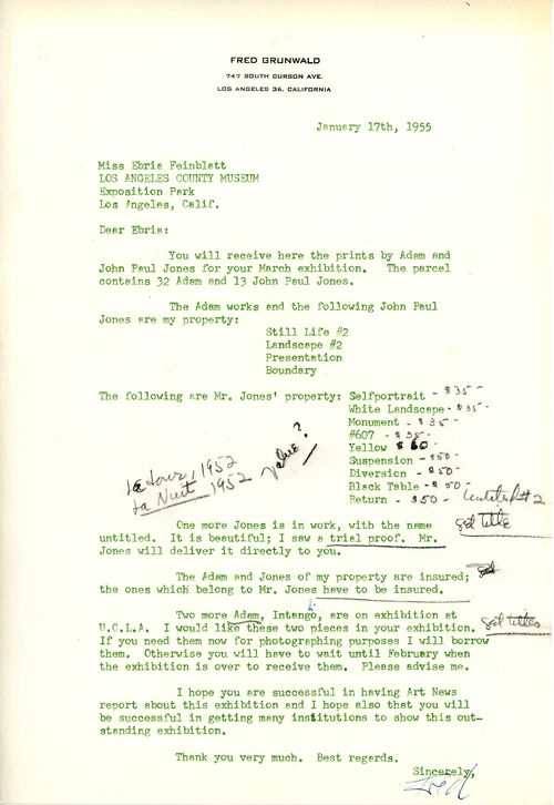 Letter from Fred Grunwald to Ebria Feinblatt, January 17, 1955