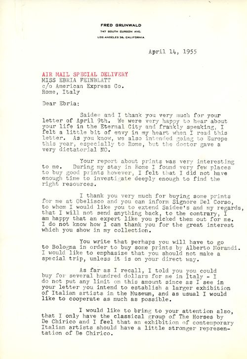 Letter from Fred Grunwald to Ebria Feinblatt (page 1), April 14, 1955