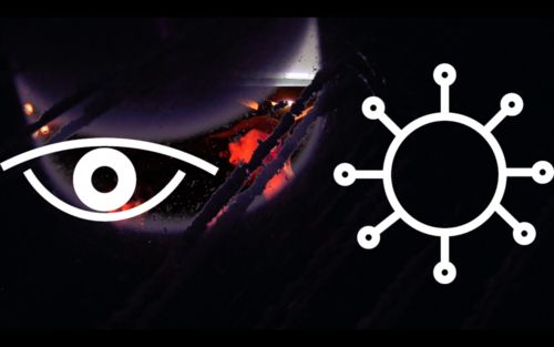 A symbol of an eye and a circle with eight legs