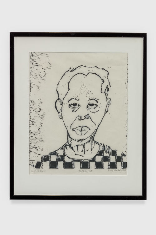 A sketch of a face in a thin black frame