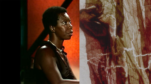 A split-screen of Nina Simone and an amorphous brown form
