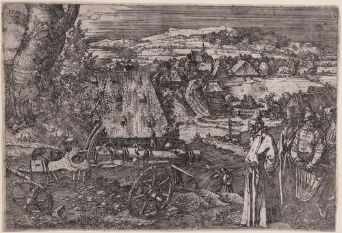 Men look at a cannon in the foreground while a small village fills the background