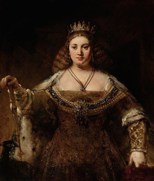 Painting of a woman in a gold dress wearing a crown