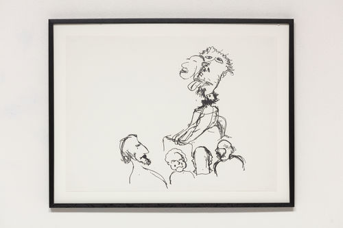 A sketch of four figures looking up at a fifth