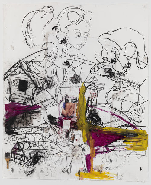 Sketched figures of Snow White and a dwarf beneath a blur of yellow and pink colors