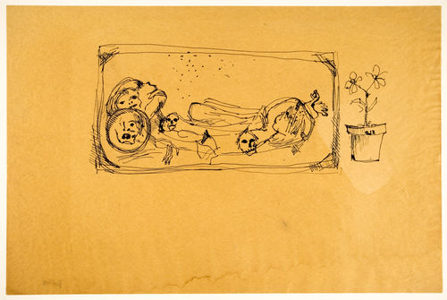 Sketch of a mummy in a box on yellow paper