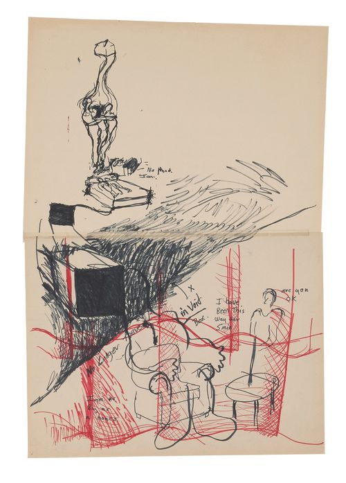 A sketch in black and red ink