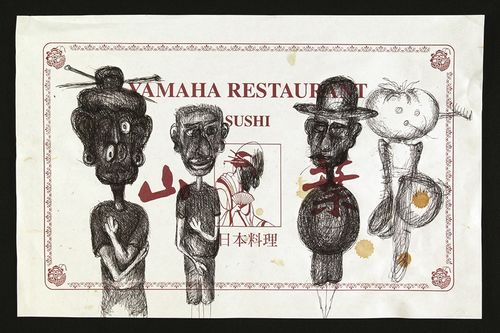 Four figures drawn on a sushi restaurant menu
