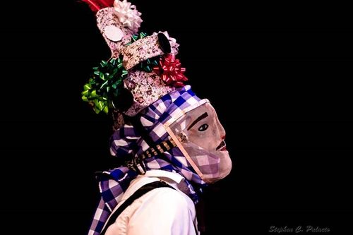 A masked dancer with tall headdress viewed in profile
