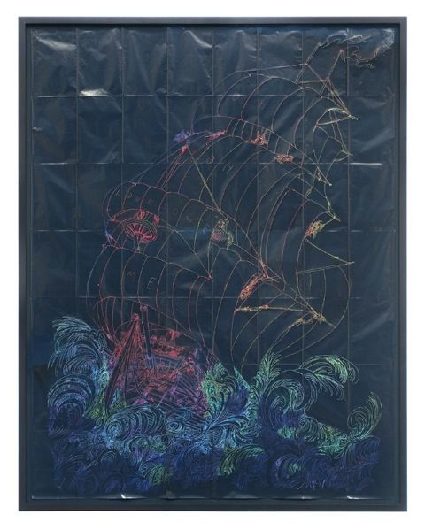 Dark blue grey field with etched colored line drawing of a tall ship on high waves. The dark paper of the drawing appears to have fold marks. 