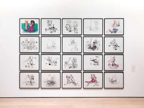 A grid of twenty sketches on a wall