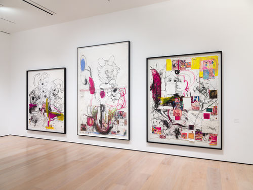 Three large-scale collages on a gallery wall