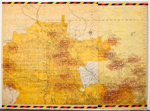 A map of the California Southland with stamps reading "Rape" covering much of it