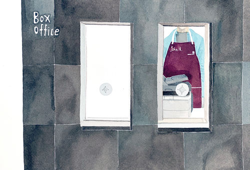 A painting of two box office windows, through which a man in an apron waits