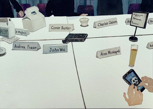 A painting of a conference table top, covered with nametags, lunch boxes, and cell phones