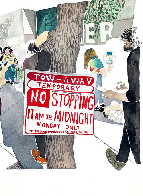 A painting of a parking sign tied to a tree with people milling around behind it